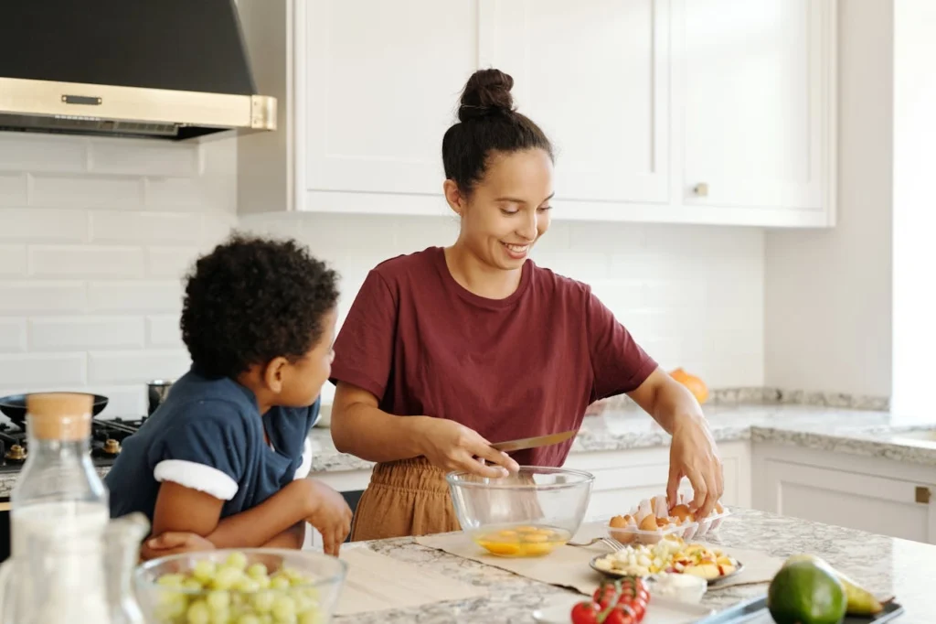 Busy mom preparing a simple healthy meal at home